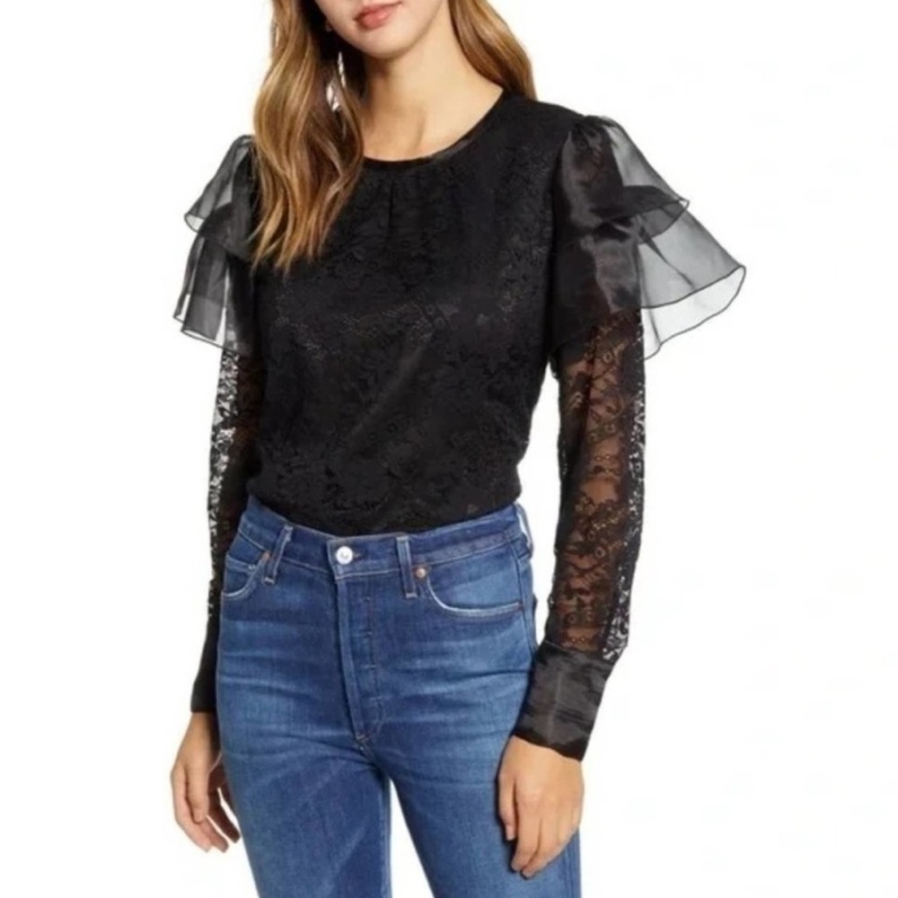 Rachel Parcell Black Ruffle Lace Blouse Long Sleeve Round Neck Women's Zip Top